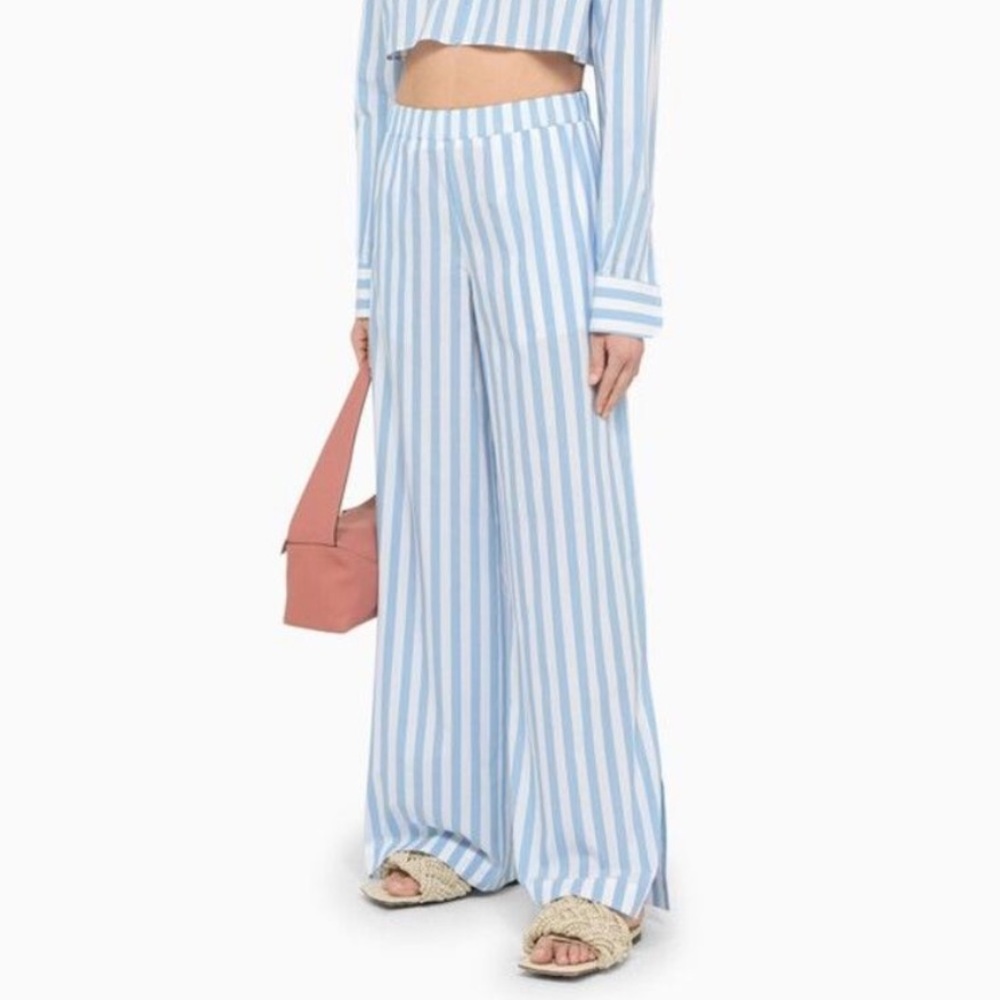 WOERA Pinstripe Poplin Slit Palazzo Pants